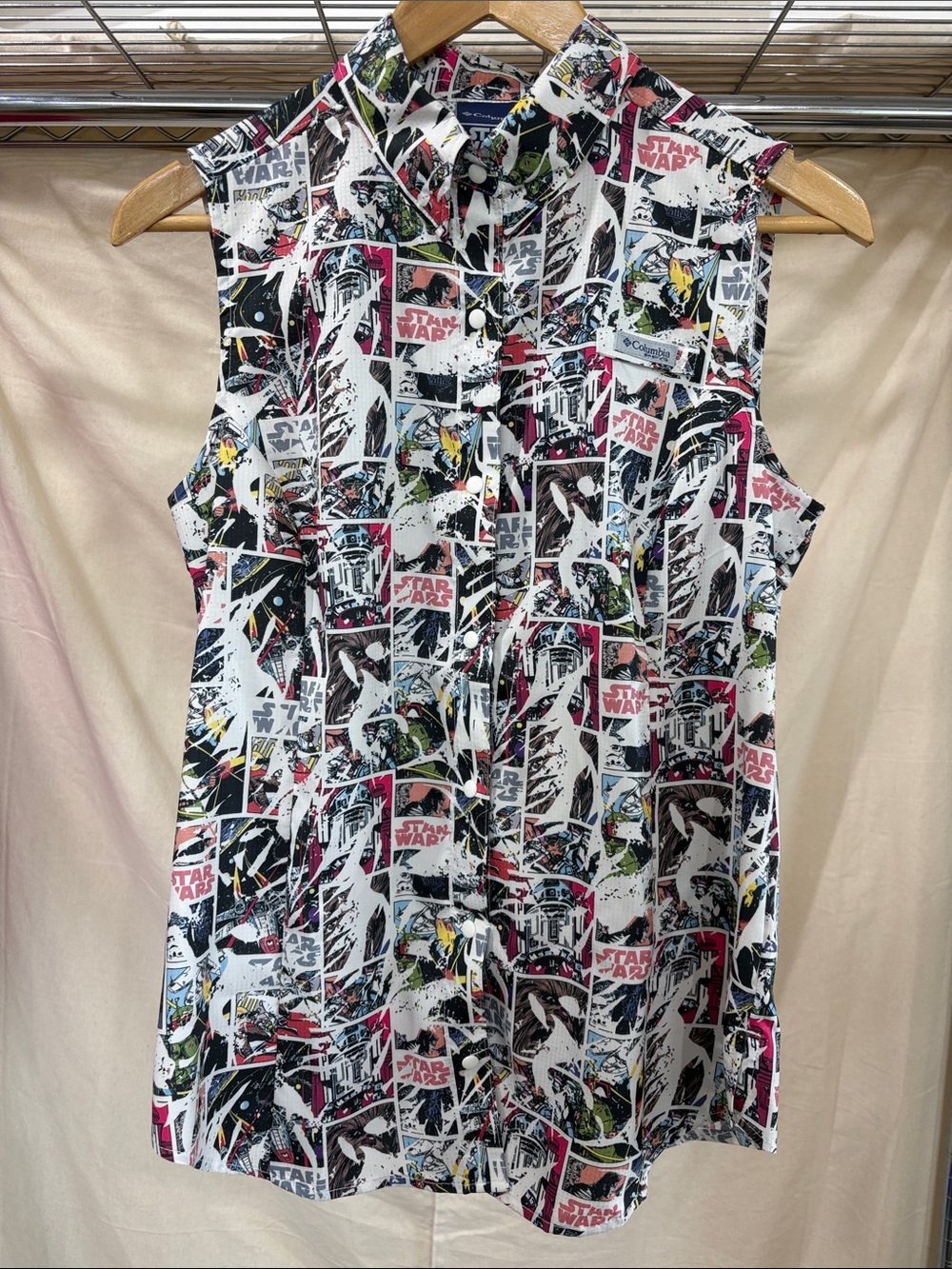 Columbia Women's White Multi Star Wars Sleeveless Button-Down Shirt